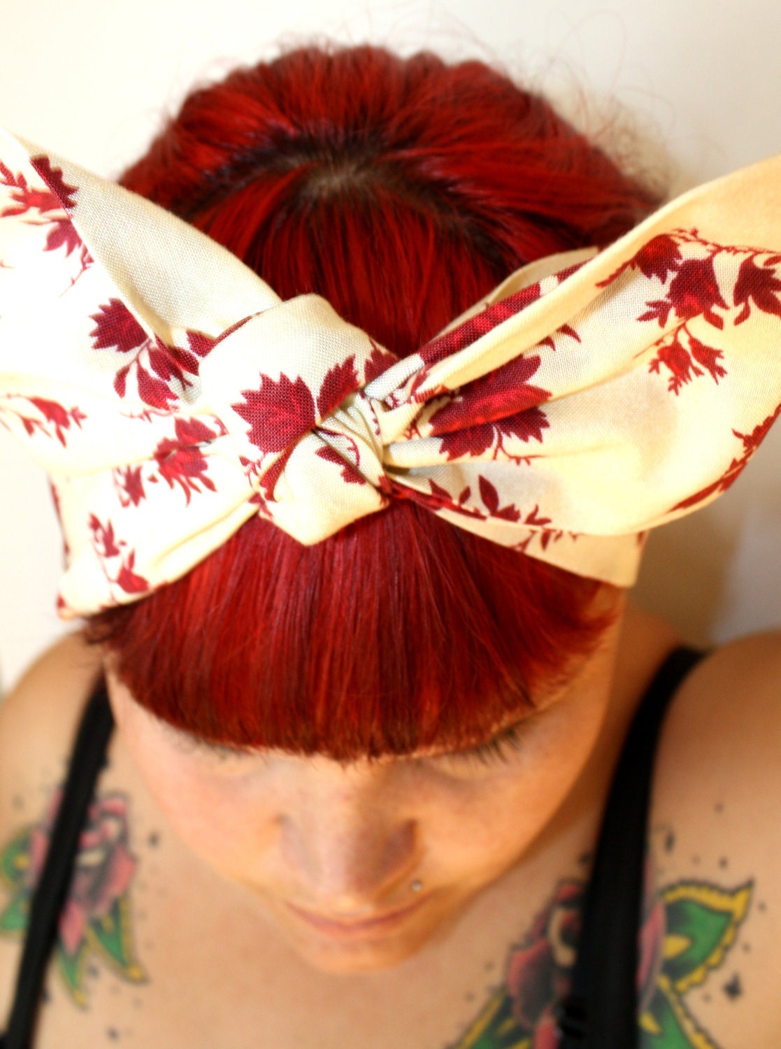 Bow hair tie, Vintage Inspired Head Scarf, Roses, Retro, Rockabilly