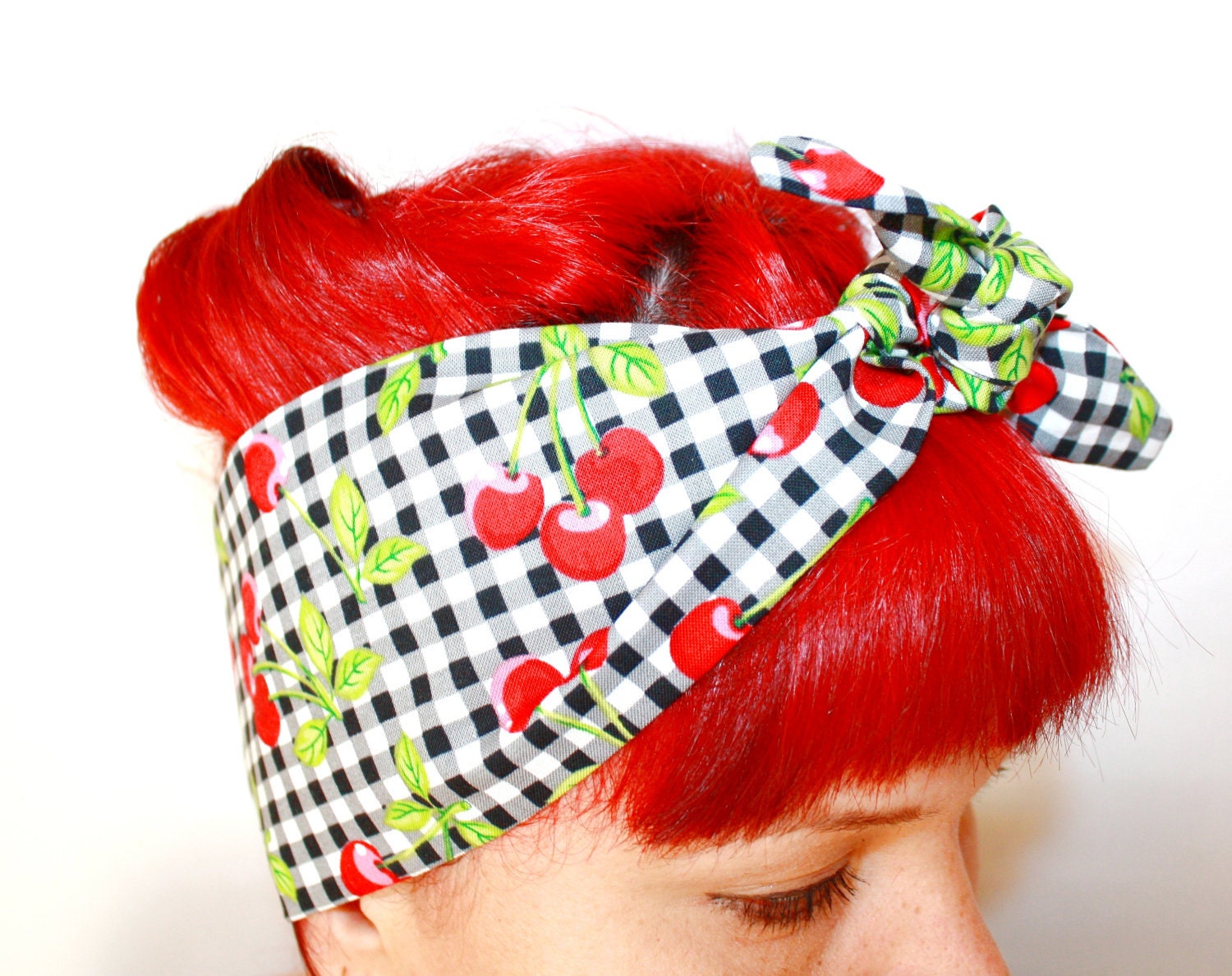 Vintage Inspired Head Scarf, Gingham with Cherry, Rockabilly, Retro