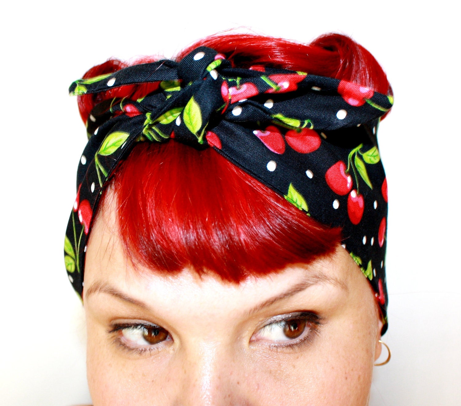 Vintage Inspired Head Scarf, Bandana Style, Black with Cherries, Rockabilly, Retro, 1940s, 1950s