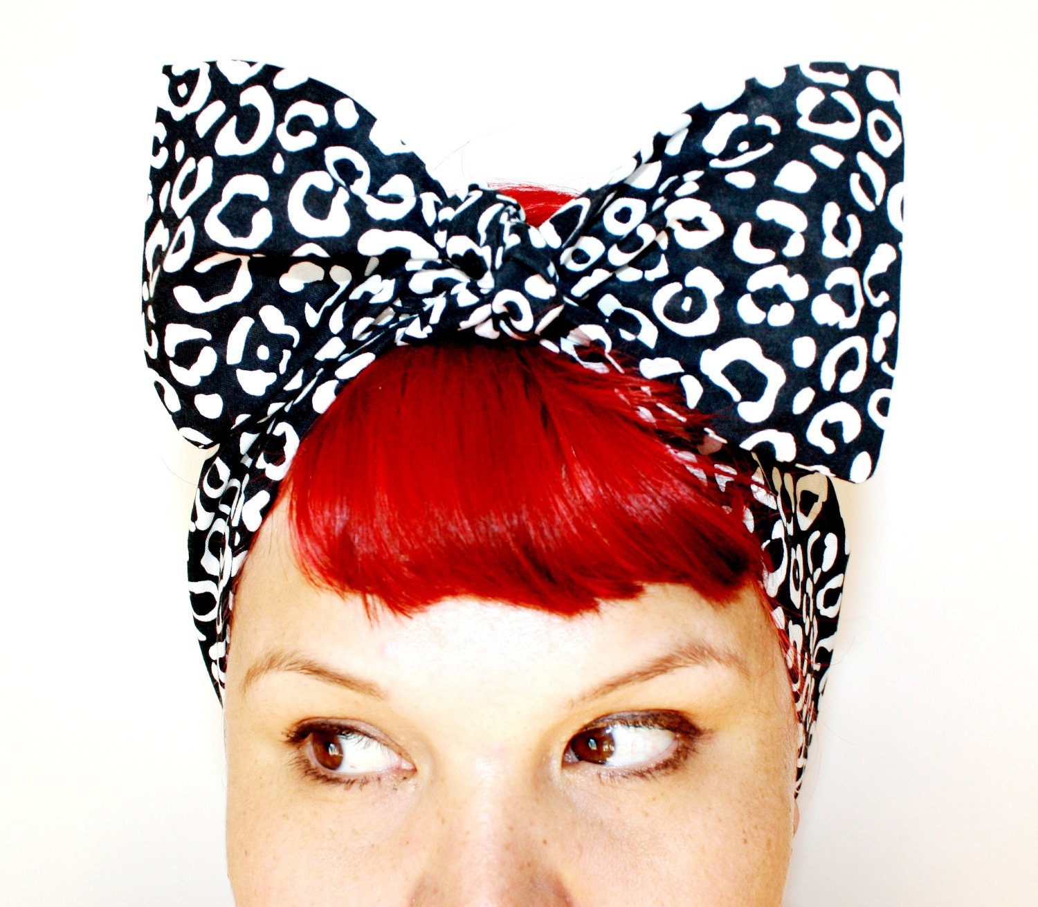 Bow style, Vintage Inspired Head Scarf, Black and White Leopard print, Rockabilly, Retro