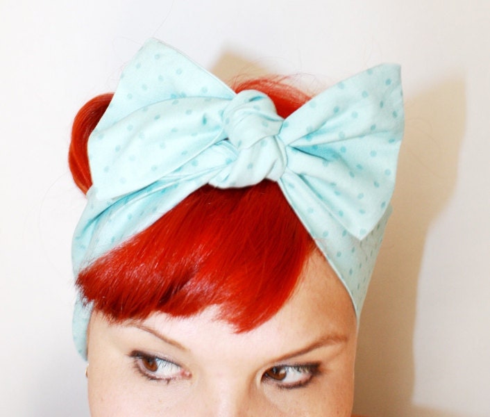 Bow hair tie, Vintage Inspired Head Scarf, Powder Blue, Polka Dots, Rockabilly, Retro, 1940s, 1950s
