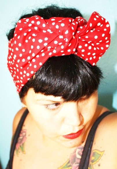 Bow style, Vintage Inspired Head Scarf, Red Polka Dots