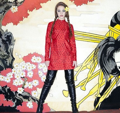 Vintage 70s glam red SILK bird print dress QIPAO  cheongsam