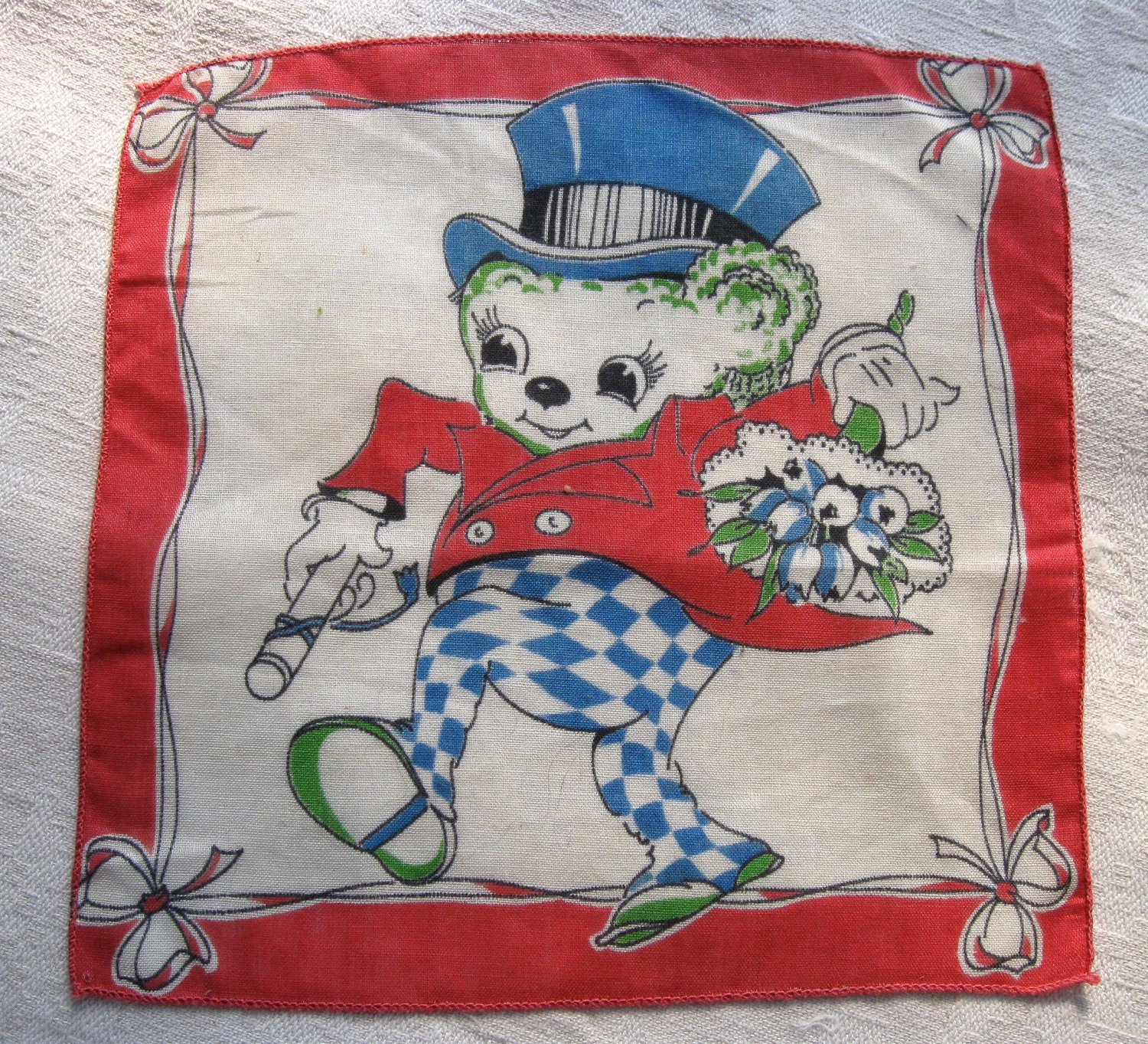 Antique Child's Handkerchief circa 1940 Colorful BEAR with Bouquet Top Hat - SeacoastEstateSales