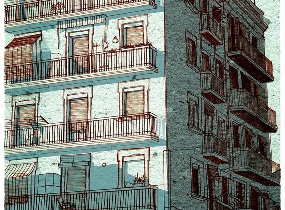 Wall Art, Print, city skyline, light blue house, 5.5x11.5