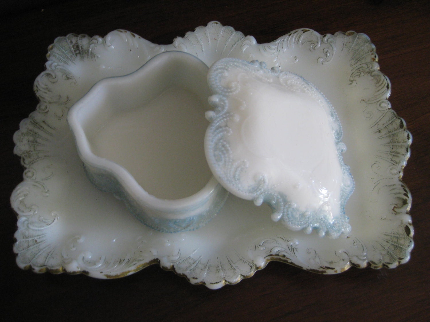 Victorian Milk Glass Tray and Trinket Box