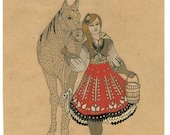 Off To The Sugarbush, Print of original illustration/ drawing. Girl with a horse and braids