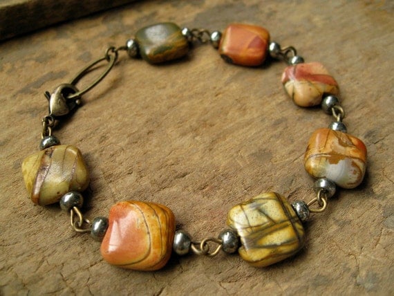 Picasso Jasper Bracelet, jasper and pyrite beads on antiqued brass wire, rustic
