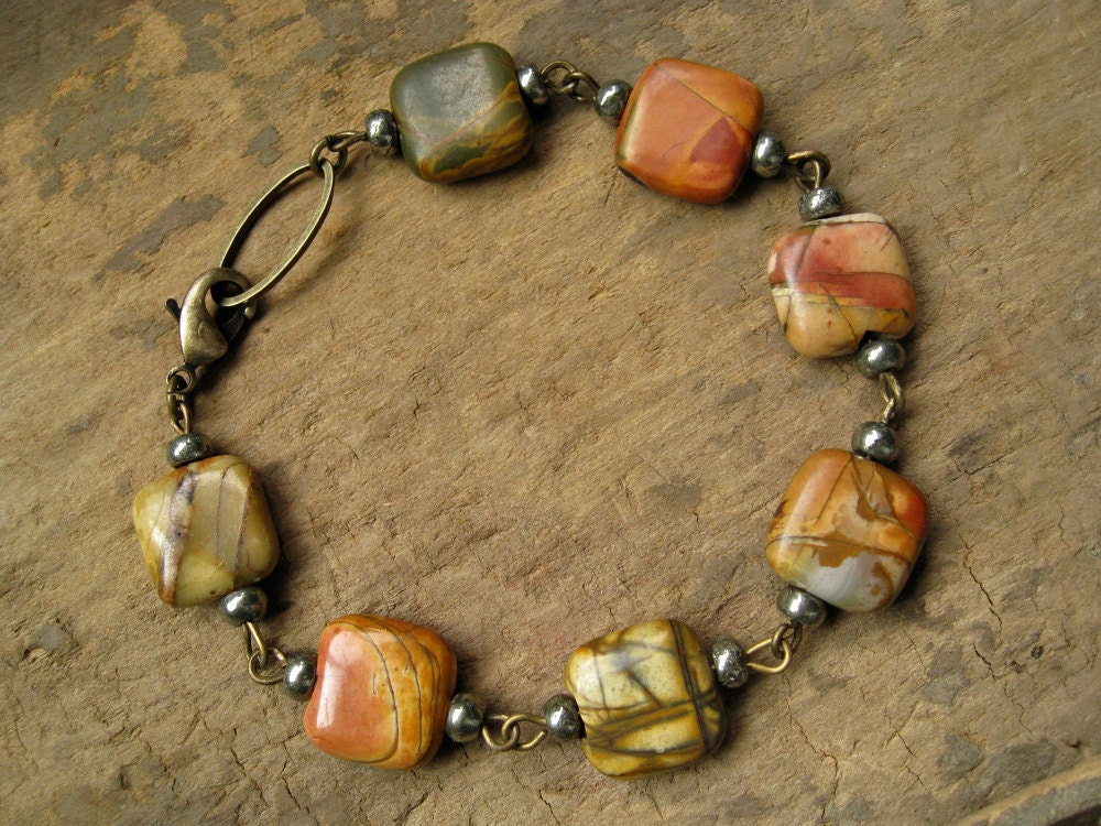 Picasso Jasper Bracelet, jasper and pyrite beads on antiqued brass wire, rustic