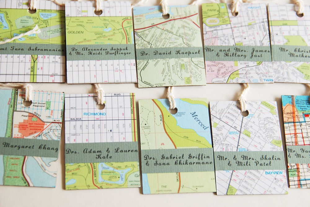 Custom Wedding Escort Map Tags - Eco Friendly Upcycled - Set of 10