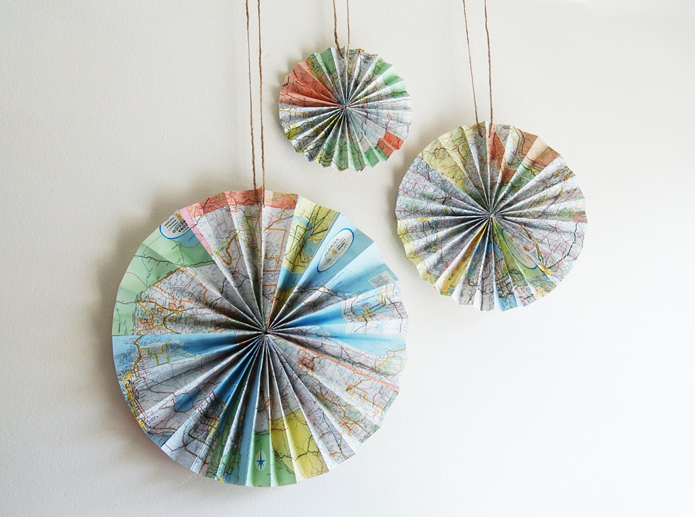 Upcycled Map Rosettes - Set of 3 - Wedding Party Decoration - Made To Order