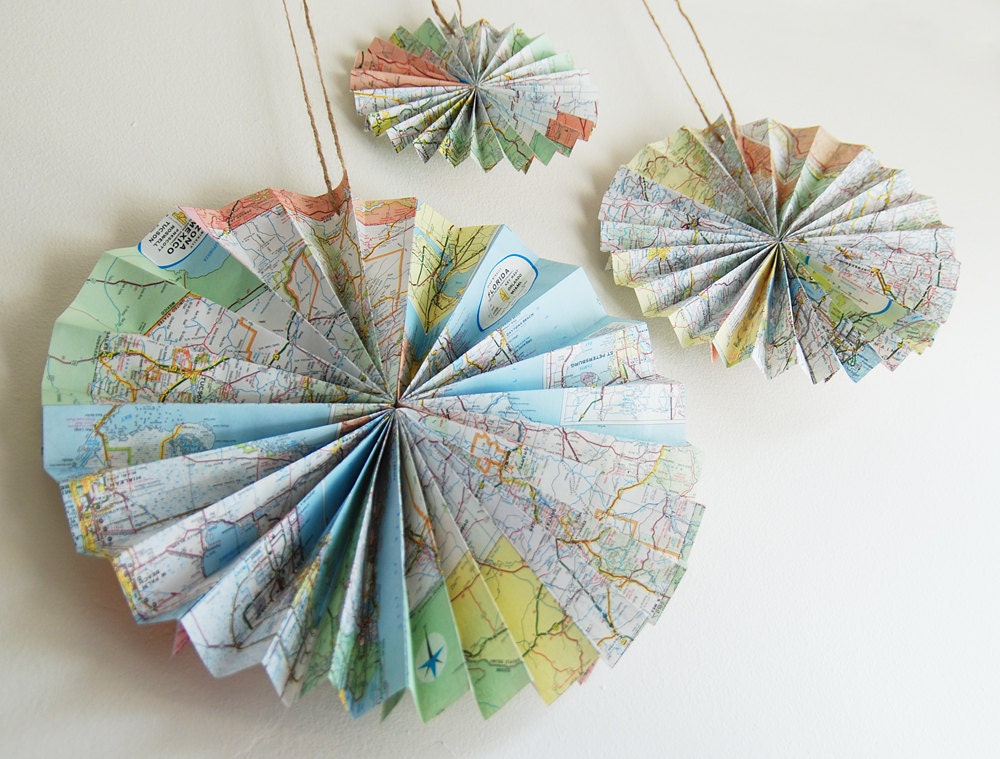 Upcycled Map Rosettes - Set of 3 - Wedding Party Decoration - Made To Order