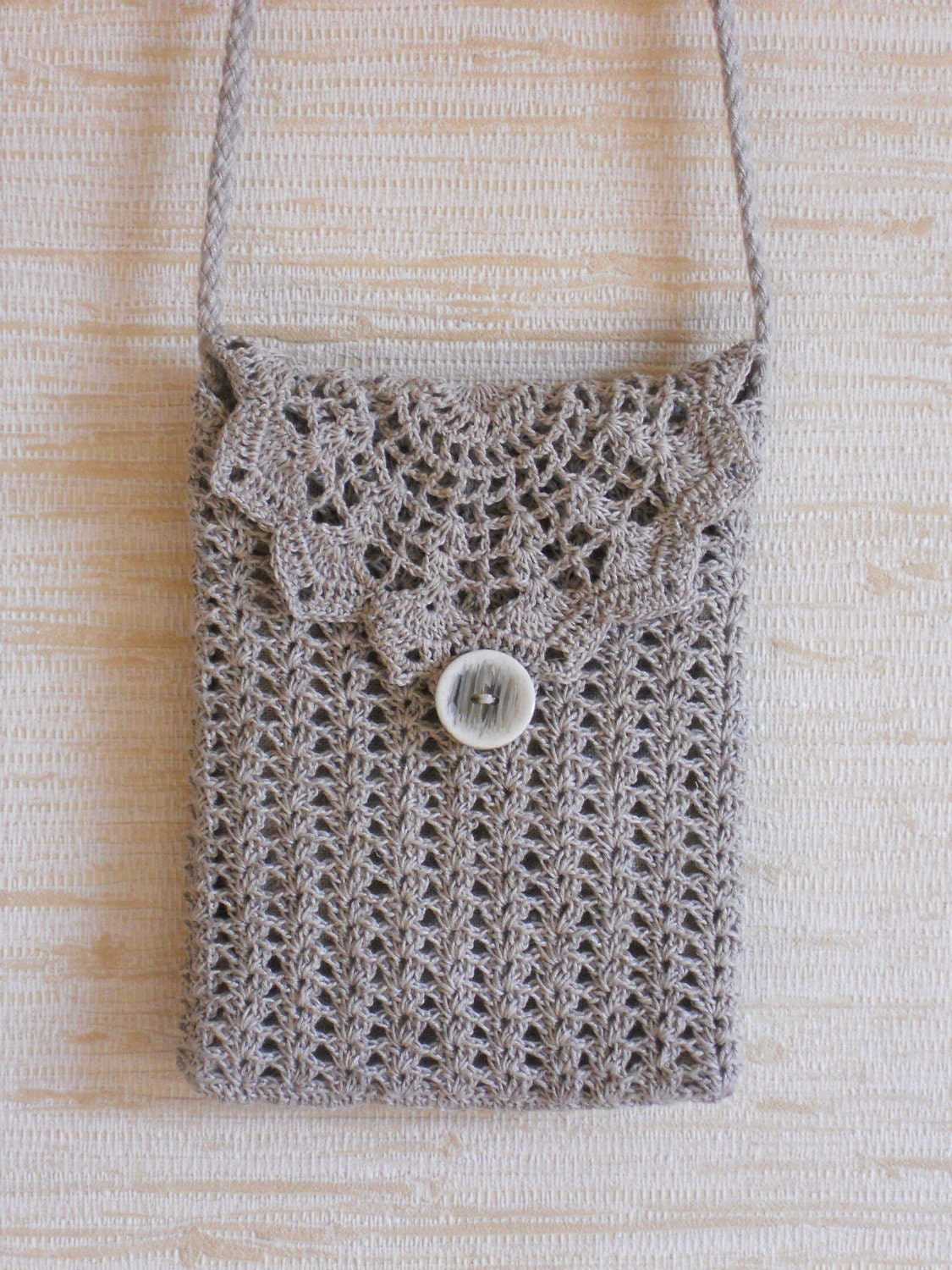 Traveller wallet purse crochet natural linen gray shoulder bag with long strap