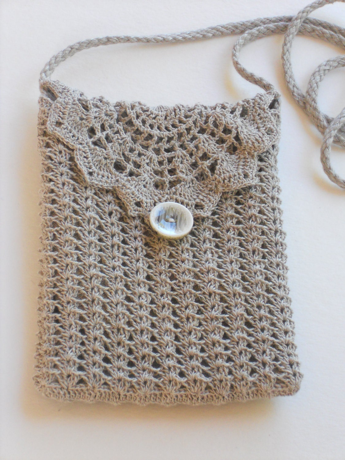 Traveller wallet purse crochet natural linen gray shoulder bag with long strap