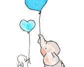 Flying Hearts, Turquoise.  Nursery elephant bunny art print decor