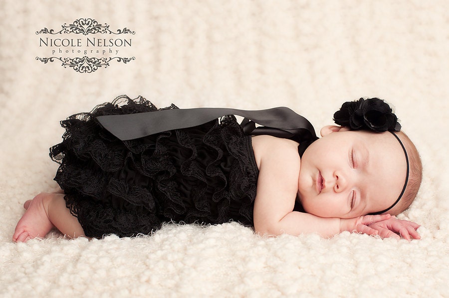 Black Lace romper with satin halter straps - Cotton XS (Newborn - 12 Months)