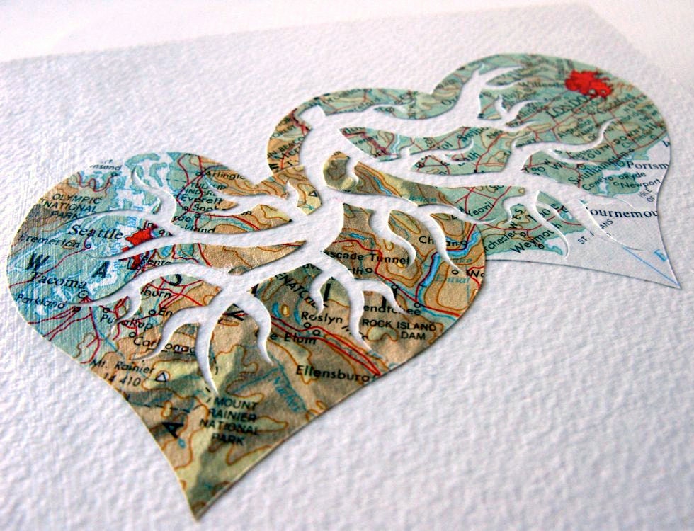 Handcut Map Art. Made to Order. You Pick the Two Locations. Two Hearts Beat As One Original Design by PaperCutWorks