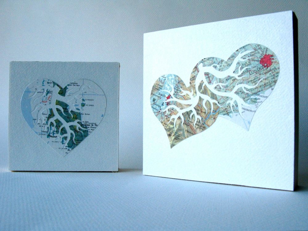 Handcut Map Art. Made to Order. You Pick the Two Locations. Two Hearts Beat As One Original Design by PaperCutWorks