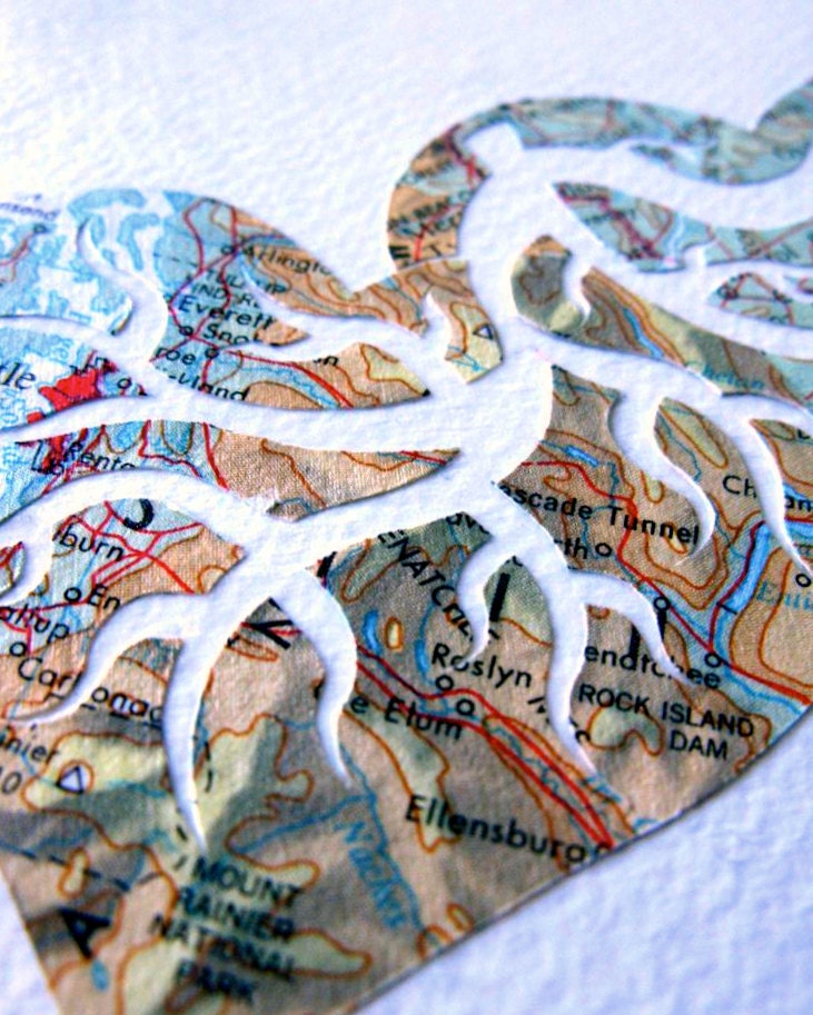 Handcut Map Art. Made to Order. You Pick the Two Locations. Two Hearts Beat As One Original Design by PaperCutWorks