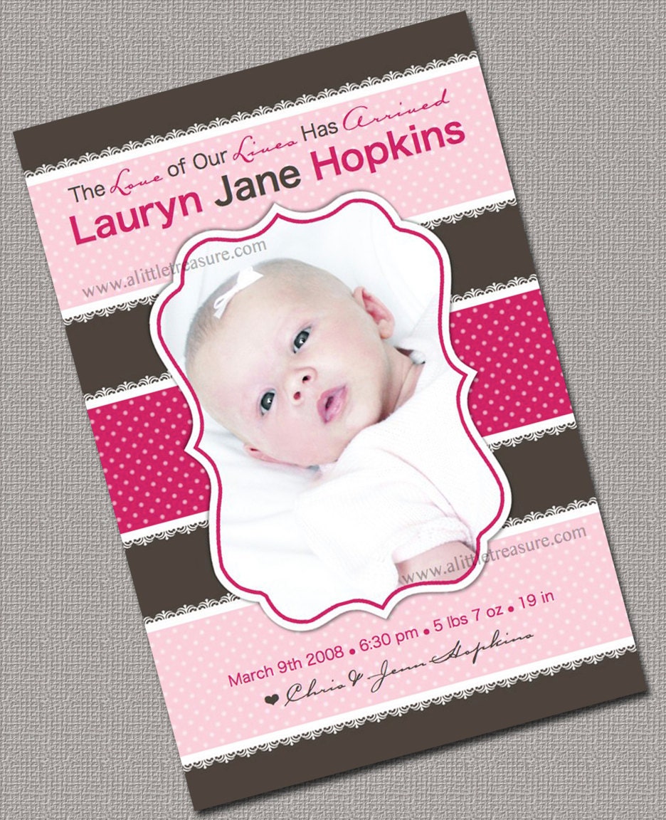 Baby Girl Birth Announcement Photo Card - You Print Digital File - Pink, Brown - 265