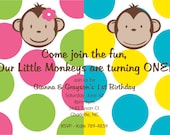 Mod Monkey Birthday Invitation Boy Girl Twins Siblings Monkey Invitations Printable or Printed