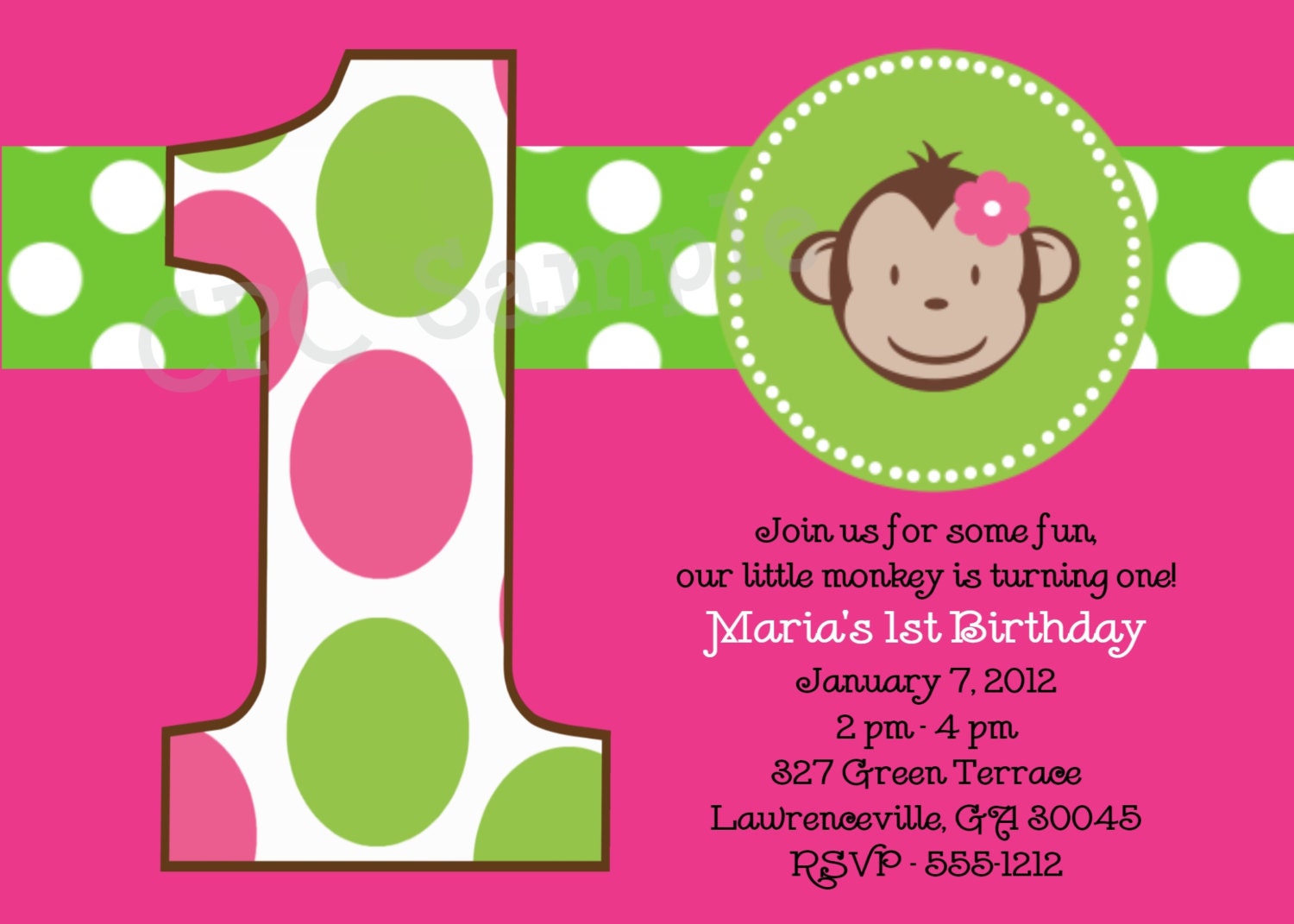 Pink and Green Mod Monkey Birthday Invitation, Monkey Birthday Invitations, Printable or Printed