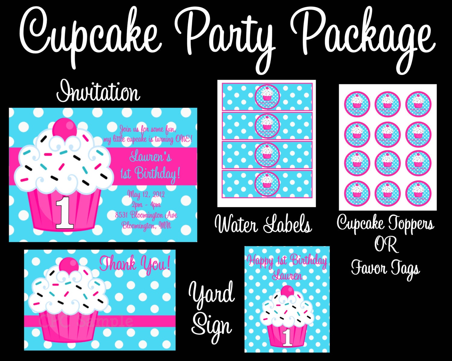 Cupcake Party Package, Printable Birthday Party Package, CHOOSE 6 Party ITEMS of Your Choice