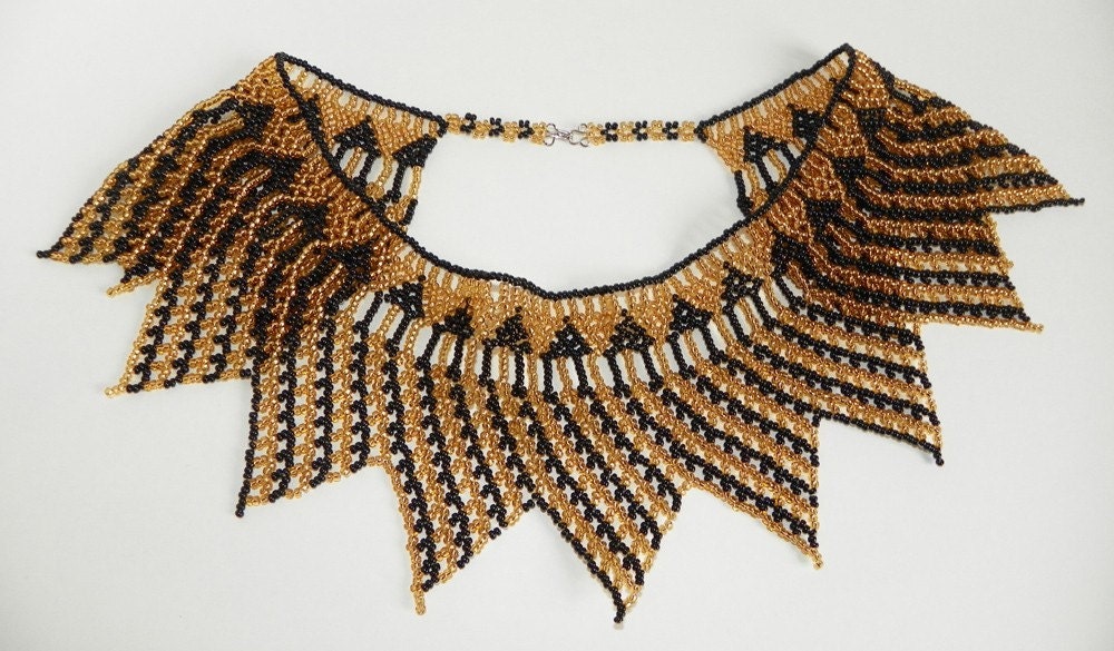 CHRISTMAS SALE Bib Necklace Vintage Art Deco Regal Chevron Black & Gold Collar One of a Kind Statement