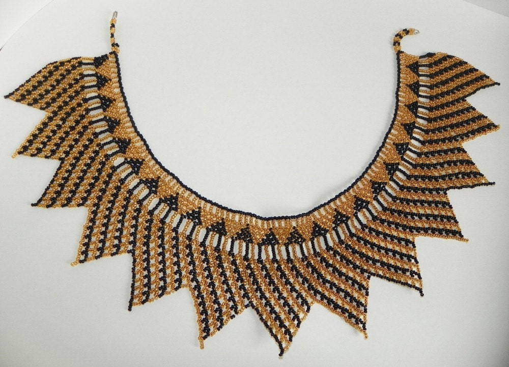 CHRISTMAS SALE Bib Necklace Vintage Art Deco Regal Chevron Black & Gold Collar One of a Kind Statement