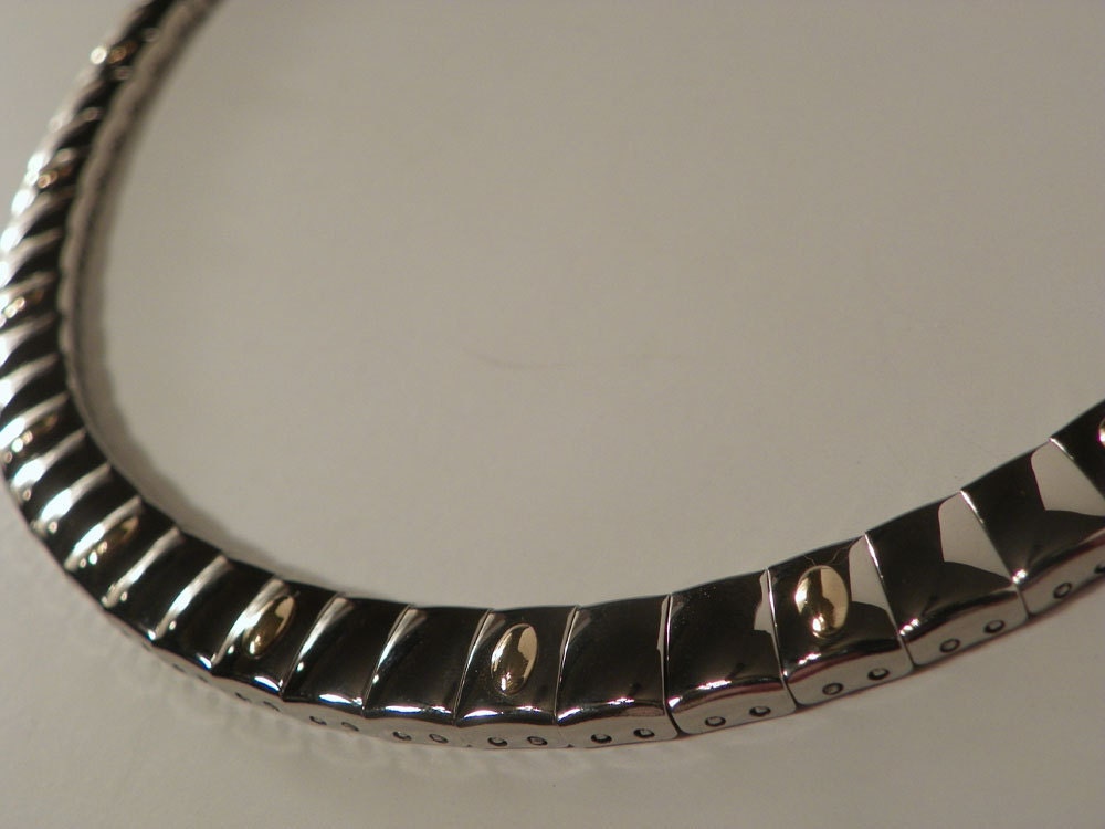 Bib Necklace Vintage Milor Italy Stainless Steel & 18k Gold Collar  - Silver - Modernist - Minimalist