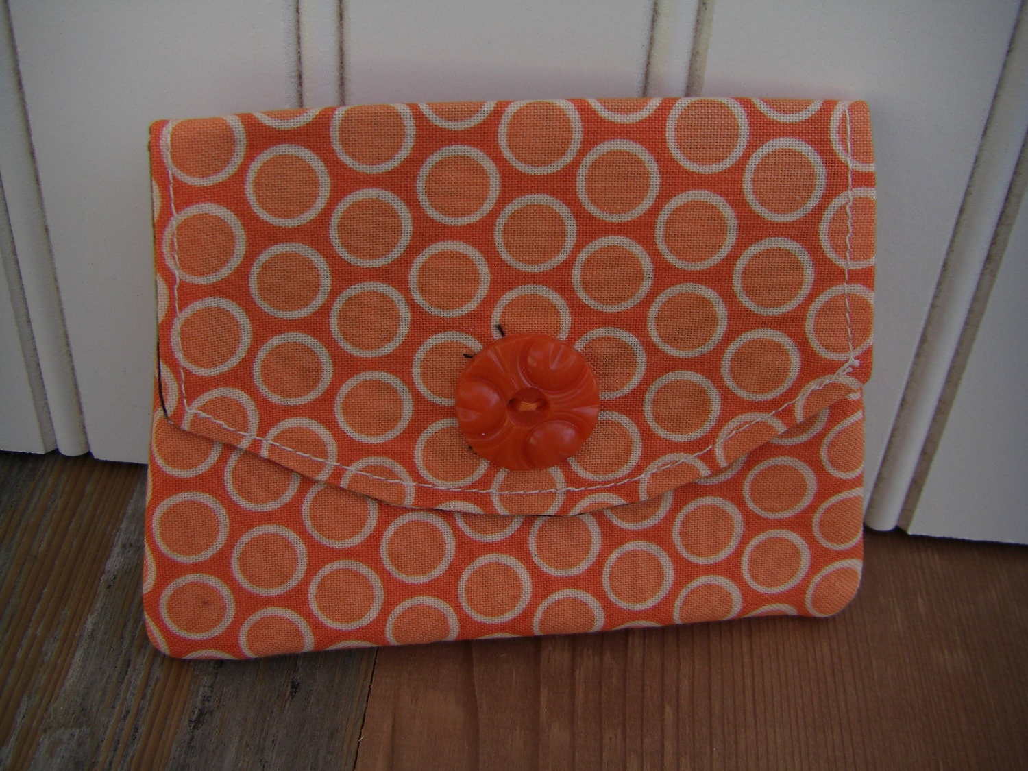 Little Wallet gift card and credit card holder with orange polka dots and sunflowers with vintage orange button