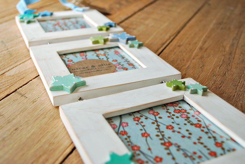 hanging three photo frame distressed white with blue and green stars beachy frame stars frame for children by oscar & ollie