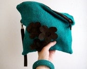 Turquoise Clutch Knit Bag Brown Real Leather Strap and Flowers
