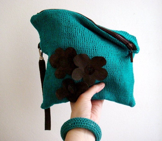 Turquoise Clutch Knit Bag Brown Real Leather Strap and Flowers