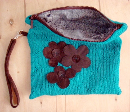 Turquoise Clutch Knit Bag Brown Real Leather Strap and Flowers