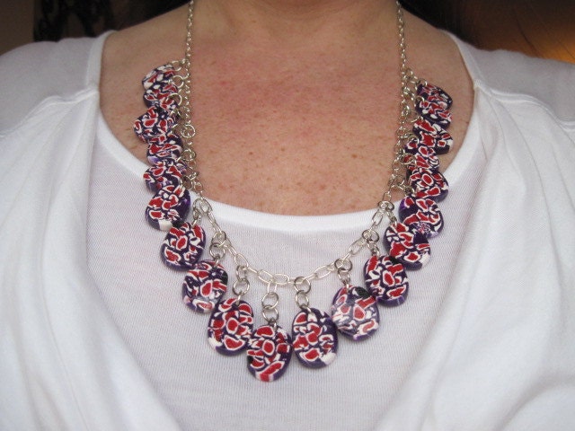 Purple, Red and White Multiple Abstract Bead Necklace & Earring Set