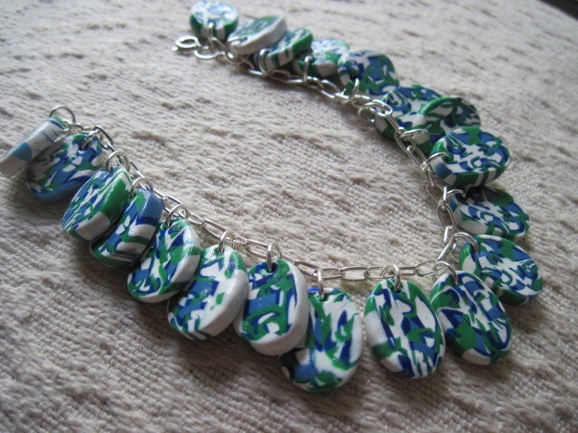 Green, Blue, Dark Blue and White Polymer Clay Bracelet & Earring Set