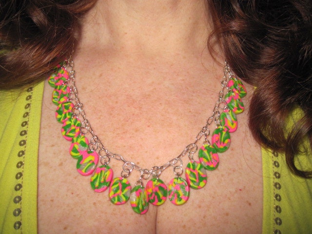 Pink, Light Green, Dark Green, Yellow Polymer Clay Abstract Design Necklace & Earring Set