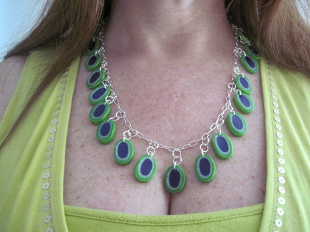 Bright Green, Pearl and Deep Purple Polymer Clay Long Necklace & Earring Set