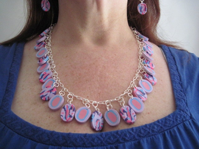 Lilac, Pink, Dark Purple and Glittery Blue Polymer Clay Necklace & Earring Set