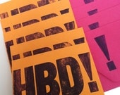HBD ... happy birthday ... set of 5 folded letterpress note cards