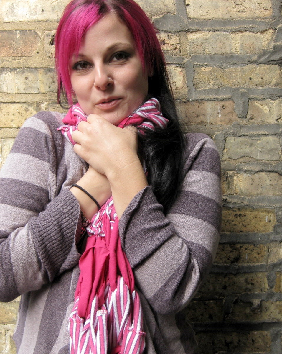 SALE- eco-friendly recycled t-shirt scarf- pink and white