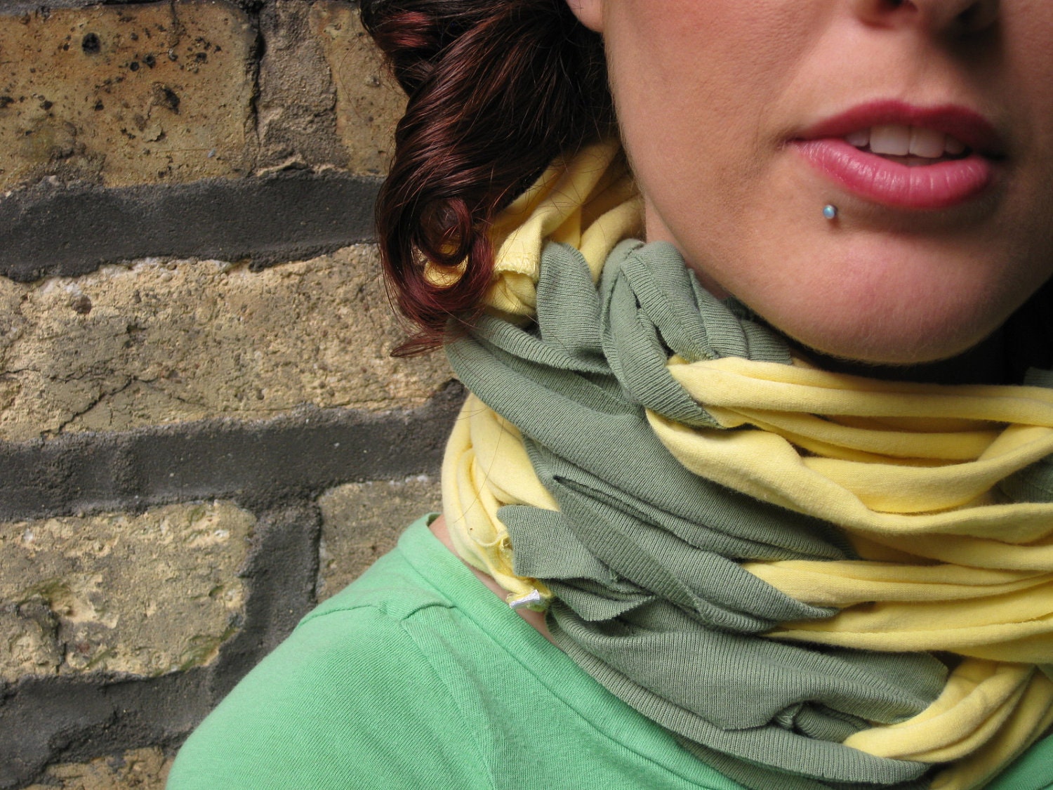 Spring Yellow and Sage Green Upcycled Scarf made from Recycled T-shirts