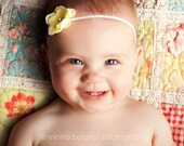 Petite Yellow Tiny Flower w/ rhinestone Center on skinny soft stretch Elastic Headband. Newborn, Baby, Infant, Toddler, girls, ADULTS