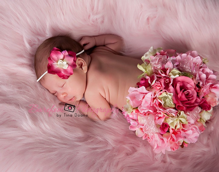 Fushia Rasberry Pink w/ Ivory Vintage Small Flower w/ skinny stretch ivory elastic headband  newborn, Baby, Infant, Adult Photography