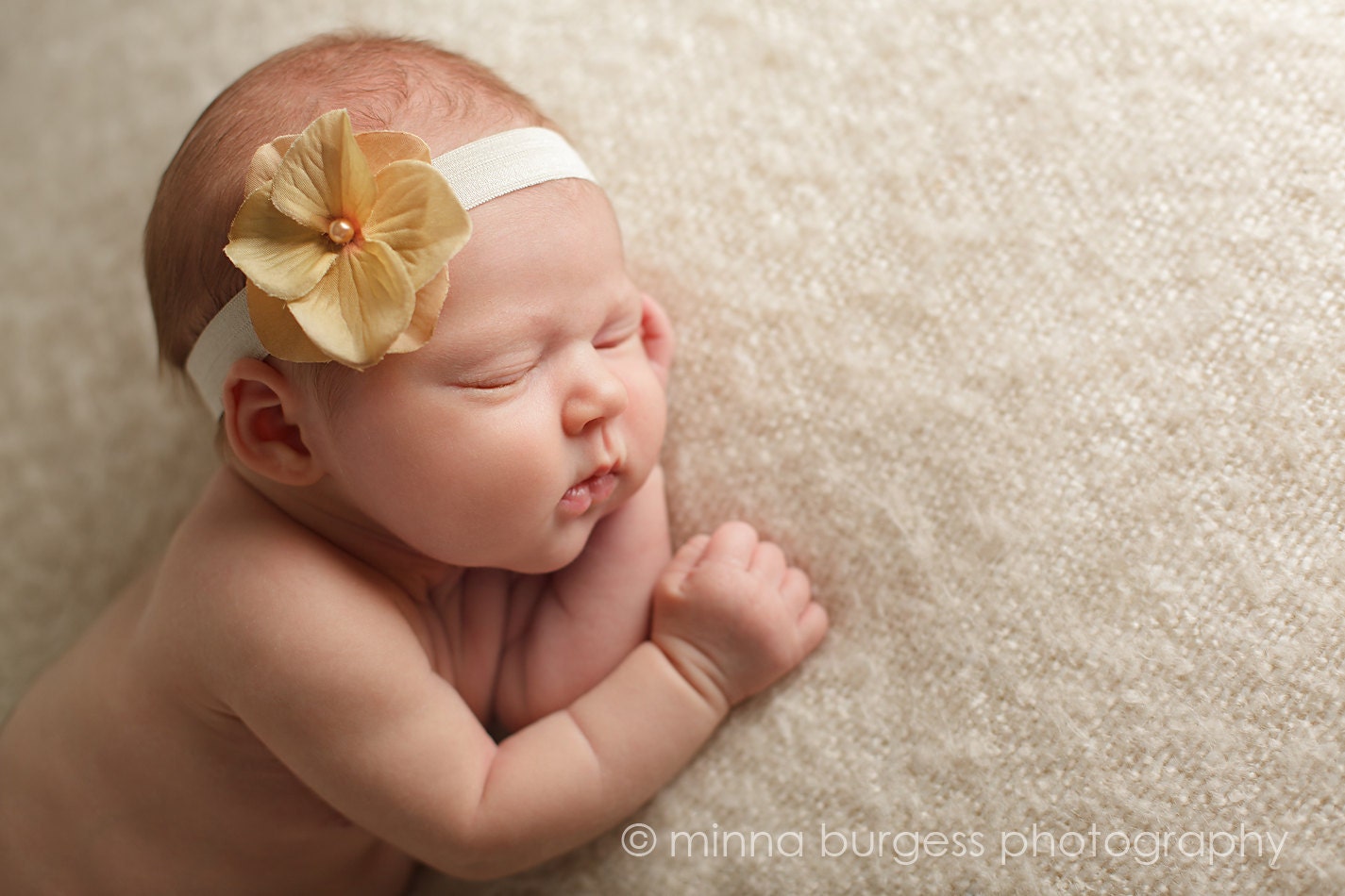 Tan champagne small flower headband, baby headband, Ivory elastic, NEWBORN HEADBAND
