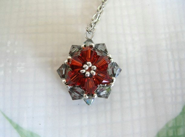 Crystal Starburst Necklace - Orange and Gray Woven Bead Pendant