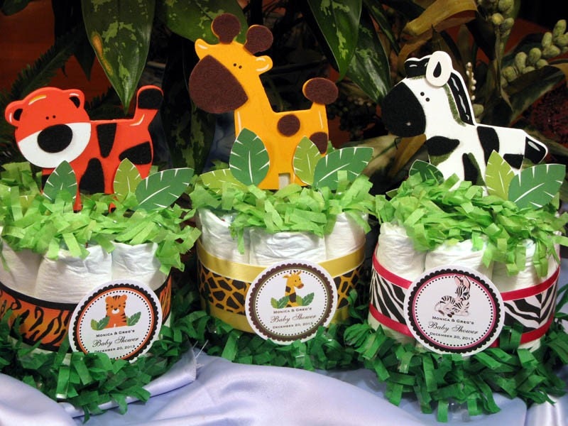 JUNGLE SAFARI Baby Shower Diaper Cake Centerpieces - Lion Tiger Elephant Zebra Monkey Giraffe Hippo