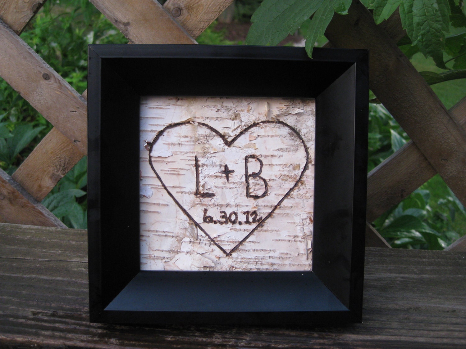 Personalized Birch Tree  Bark Engraving  in  Black Frame - Wedding Gift- Anniversary - Valentines Day