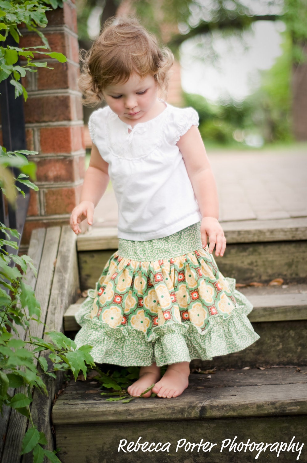 Girls Green Ivory Orange and Gold Ruffled Twirl Skirt